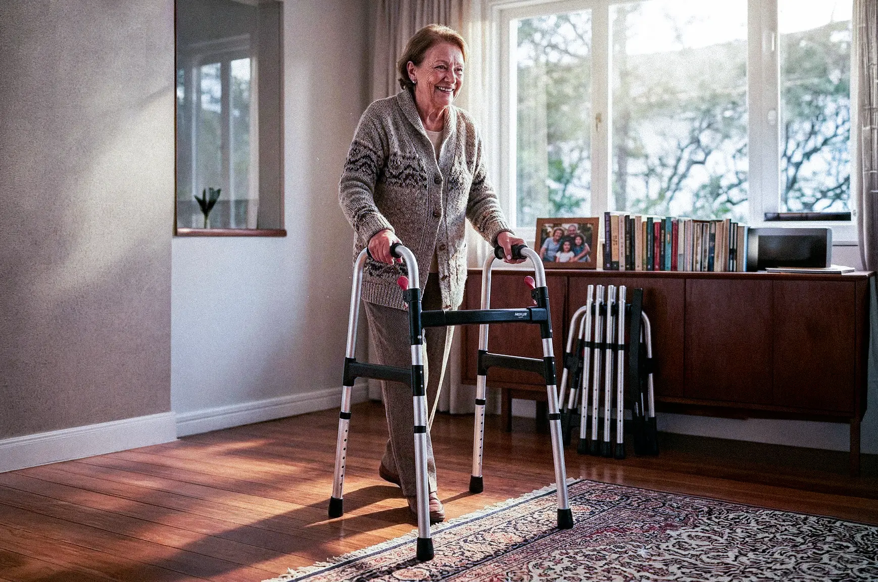 An older woman at home, steady and supported with a walker