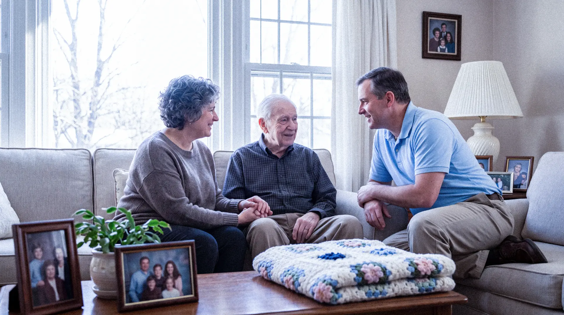 An older man sitting at home in his living room with his daughter and son beside him
